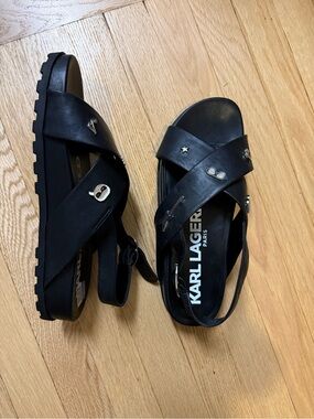 Karl Lagerfeld Black Cross-Strap Stud Sandals with Silver Accents